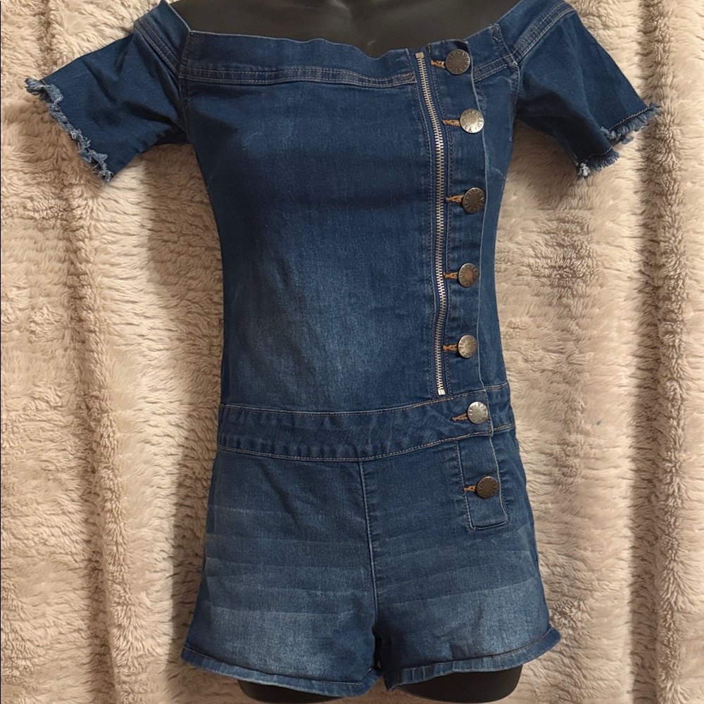 VIP Blue Denim Romper with Gold Button Accents